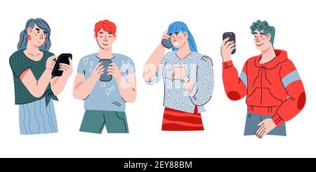 Chat and social media concept illustration of young people using mobile phones for texting messages via internet. Men and women using cell phones, car Stock Vector