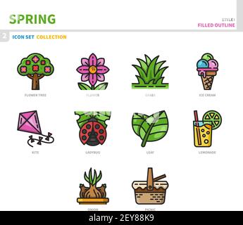 spring season icon set,filled outline style,vector and illustration Stock Vector