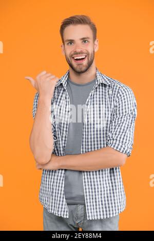 Casual concept. Daily outfit. Man model clothes shop. Good idea. Positive and good vibes. Cheerful mood. Man looks handsome in casual style. Guy with bristle wear casual outfit. Handsome man. Stock Photo