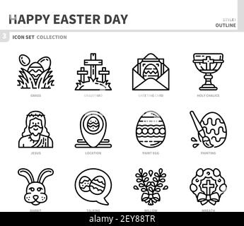 happy easter day icon set,outline style,vector and illustration Stock Vector