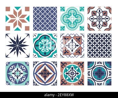 Tile mosaic pattern set, traditional abstract portugal and moroccan patchwork texture Stock Vector