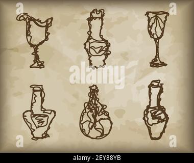 Vector hand drawn alcohol drink bottles and glasses Stock Vector