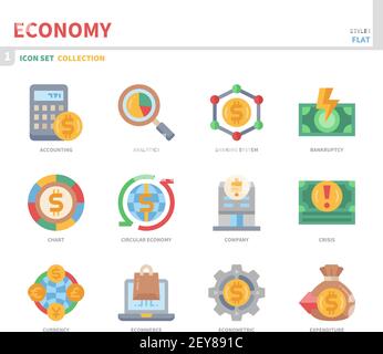 economy icon set,color flat style,vector and illustration Stock Vector