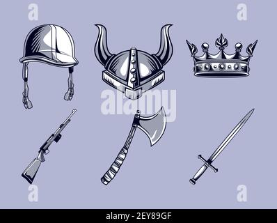 helmets and weapons Stock Vector