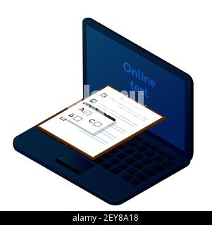 Online surveys or exam form. Checklist from laptop screen. Isolated vector isometric illustration. Stock Vector