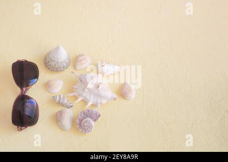 Sunglasses and seashells on yellow textured background. Beach vacation concept, travel. Copy space, place for text, selective focus. Stock Photo