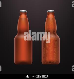 couple realistic beer bottles on dark back Stock Vector
