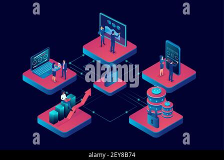Vector of business people working on mobile gadgets connected via secure network Stock Vector