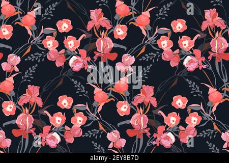 Floral vector seamless pattern. Pink ipomoea, peony, iris flowers. Stock Vector