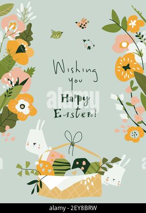 Cartoon Easter illustration with rabbits, flowers and easter eggs Stock Vector