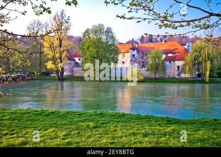 Otocec island and old town on Krka river panoramic view, central Slovenia Stock Photo