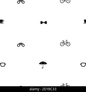 Seamless vintage pattern on white background. Silhouettes of bicycles, tobacco pipes, umbrellas, bows and bowler hat. Vintage ornament. Vector flat il Stock Vector