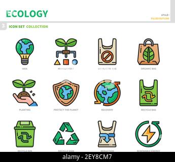 ecology and environment icon set,filled outline style,vector and illustration Stock Vector