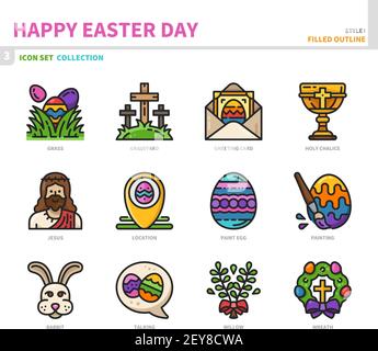 happy easter day icon set,filled outline style,vector and illustration Stock Vector
