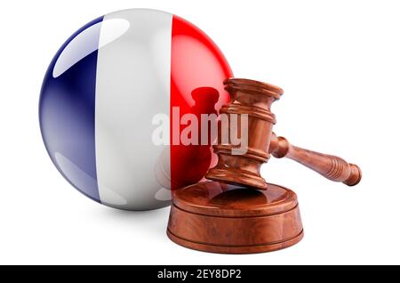 French law and justice concept. Wooden gavel with flag of France. 3D rendering isolated on white background Stock Photo