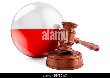 Polish law and justice concept. Wooden gavel with flag of Poland. 3D rendering isolated on white background Stock Photo