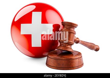 Swiss law and justice concept. Wooden gavel with flag of Switzerland. 3D rendering isolated on white background Stock Photo