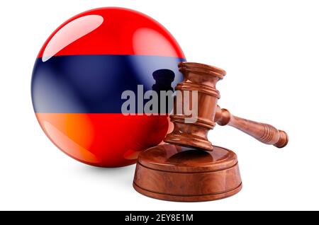 Armenian law and justice concept. Wooden gavel with flag of Armenia. 3D rendering isolated on white background Stock Photo