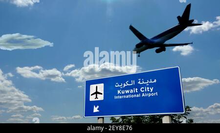 Airplane silhouette landing in Kuwait City. Arrival with international airport direction signboard and blue sky in background. Travel, trip and transp Stock Photo