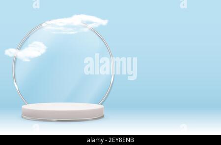 White 3d pedestal background with Silver Glass Ring Frame, realistic clouds. Trendy empty podium display for cosmetic product presentation, fashion ma Stock Vector