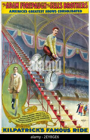 Adam Forepaugh and Sells Brothers. Consolidated shows. Circus poster, antique and old style. Man riding a bike down the stairs. Stock Photo