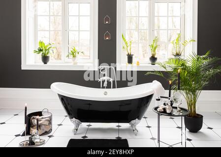 Modern White and Black Bathroom Interior Design. Body Skin Accessories. Water Tap Facility. Beauty Cosmetic Products Contemporary Apartment Concept Stock Photo