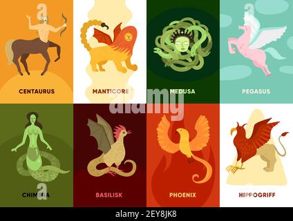 Flat set of cards with six various ancient mythical creatures on colorful background isolated vector illustration Stock Vector