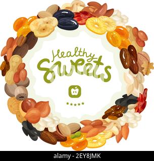Different nuts and dried fruits for healthy diet on white background flat vector illustration Stock Vector