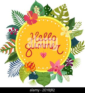 Hello summer colorful concept with beautiful tropical plants and flowers on white background flat vector illustration Stock Vector