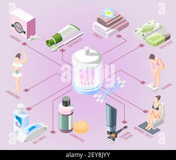 Hygiene isometric flowchart toothpaste towels bath soap shaving cream wet wipes shower gel tampons elements vector illustration Stock Vector