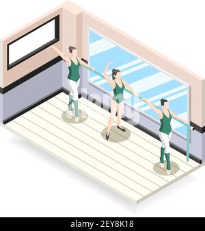 Training of ballet dancers isometric design concept with three ballerinas characters doing exercises at barre vector illustration Stock Vector