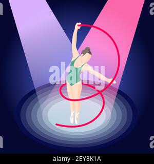 Ballet isometric composition of ballerina with ribbon in pointe shoes on stage illuminated by spotlights vector illustration Stock Vector