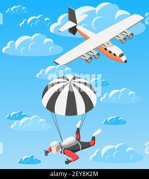 Extreme sports isometric background parachuting theme with with the images of aircraft and skydiver soaring in clouds vector illustration Stock Vector