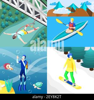 Extreme sports 2x2 design concept with people engaging in bungee jumping diving kayaking snowboarding isometric vector illustration Stock Vector