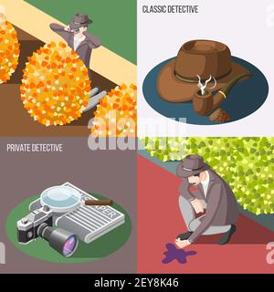 Classic and private detective 2x2 design concept with secret surveillance and murder investigation isometric compositions vector illustration Stock Vector