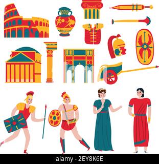 Ancient rome empire set of isolated icons and flat human characters of legionary warriors and people vector illustration Stock Vector