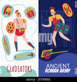 Ancient rome empire vertical banners set with hand written style text and flat cartoon human characters vector illustration Stock Vector