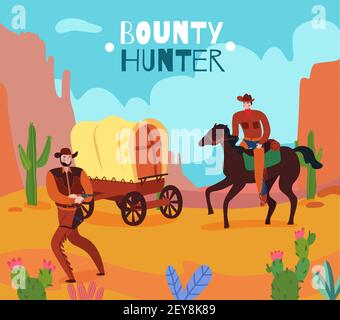 Wild west cowboy composition with desert scenery and vintage human characters with flat images and text vector illustration Stock Vector