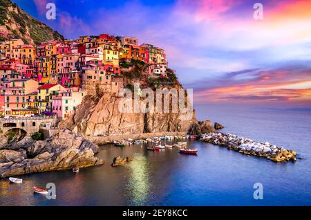 Aerial view of Manarola fishing village in Cinque Terre  in the evening, Liguria, Italy. Stock Photo