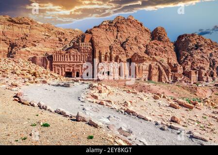 Petra, Wadi Musa in Jordan - Monumental world heritage of ancient Petra with Royal Tombs Stock Photo