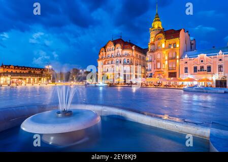 Oradea, Crisana. Union Square (Piata Unirii) western Transylvania in Romania twilight sightseeing. Stock Photo