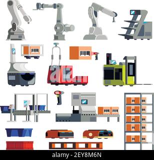 Warehouse robots flat icons with automated loaders mechanical arms and ...