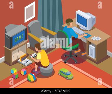 Retro gadgets isometric composition with teens near personal computer and with game console vector illustration Stock Vector