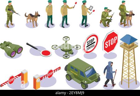 Border service isometric icons guards with equipment warning signs patrol dog and surveillance tower isolated vector illustration Stock Vector