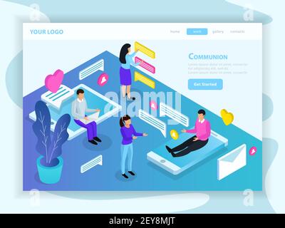 Virtual communication isometric landing web page with messaging people sitting on tablet and smartphone screens vector illustration Stock Vector