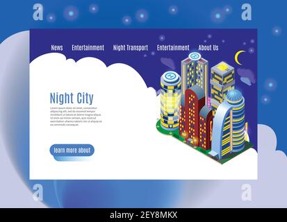 Night city with luminous buildings isometric web page with menu interface on white blue background vector illustration Stock Vector