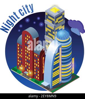 Luminous sky scrapers with modern architecture at night isometric round composition on dark background vector illustration Stock Vector