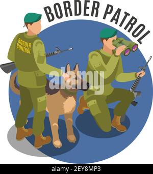Border patrol isometric round composition frontier guards with binoculars and german shepherd on blue background vector illustration Stock Vector