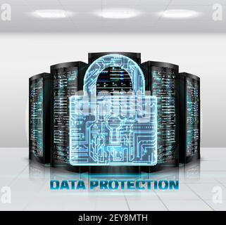 Cloud storage safety data protection realistic composition with padlock on computer disk drive devices symbol vector illustration Stock Vector