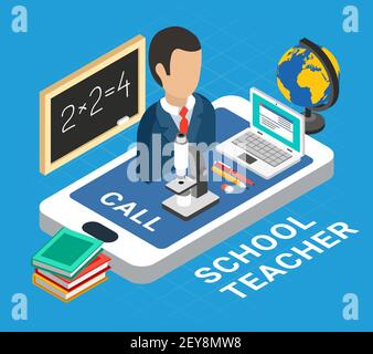 Isometric education concept with school teacher laptop microscope chalkboard on blue background 3d vector illustration Stock Vector